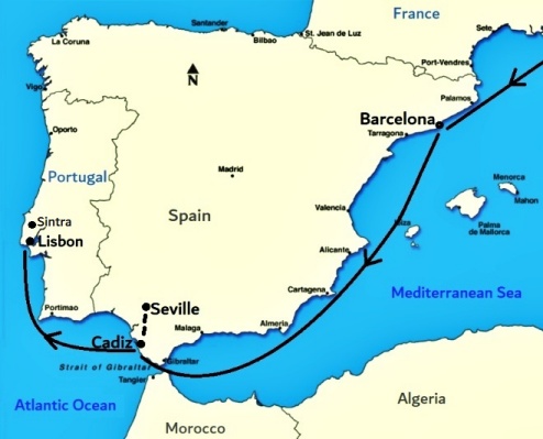 Barcelona to Lisbon map